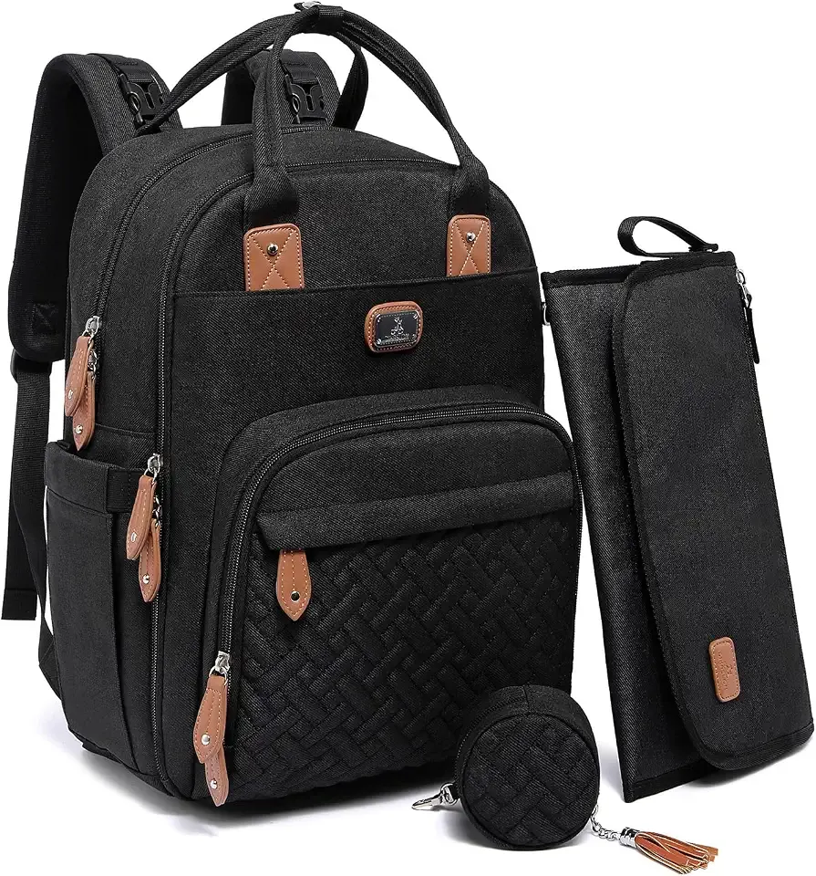 Dikaslon Diaper Bag Backpack with Portable Changing Pad, Pacifier Case and Stroller Straps, Large Unisex Baby Bags for Boys Girls, Multipurpose Travel Back Pack Moms Dads, Black