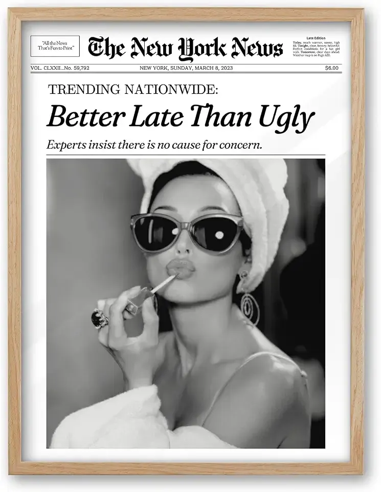 iHery 12x16in Audrey Hepburn Better Late Than Ugly Framed Bathroom Art | Natural OAK Wood Frame with Canvas Print, Vintage Fashion Wall Decor for Bathroom, Bedroom, Apartment and Girl Dorm, 1Pack