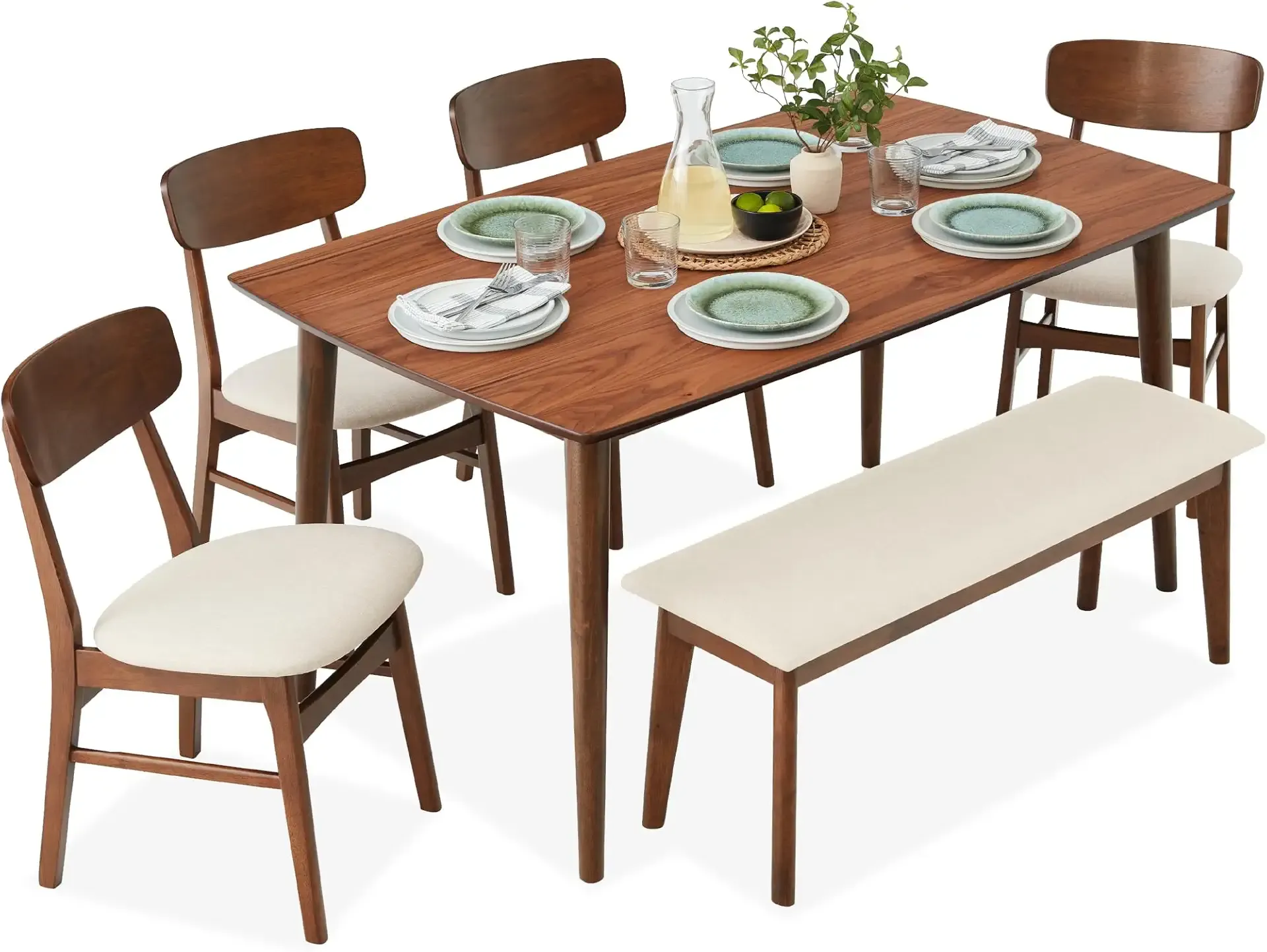 Best Choice Products 6-Piece Wooden Dining Set, Mid-Century Modern Table & Upholstered Chair Set w/Bench Seat, Rubberwood Legs - Walnut/Cream