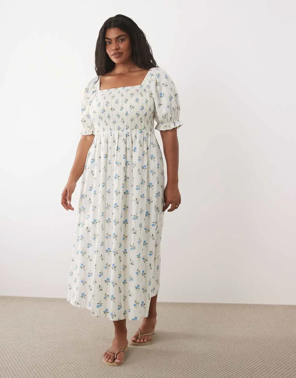 New Look Curve floral frill milkmaid midi dress in cream