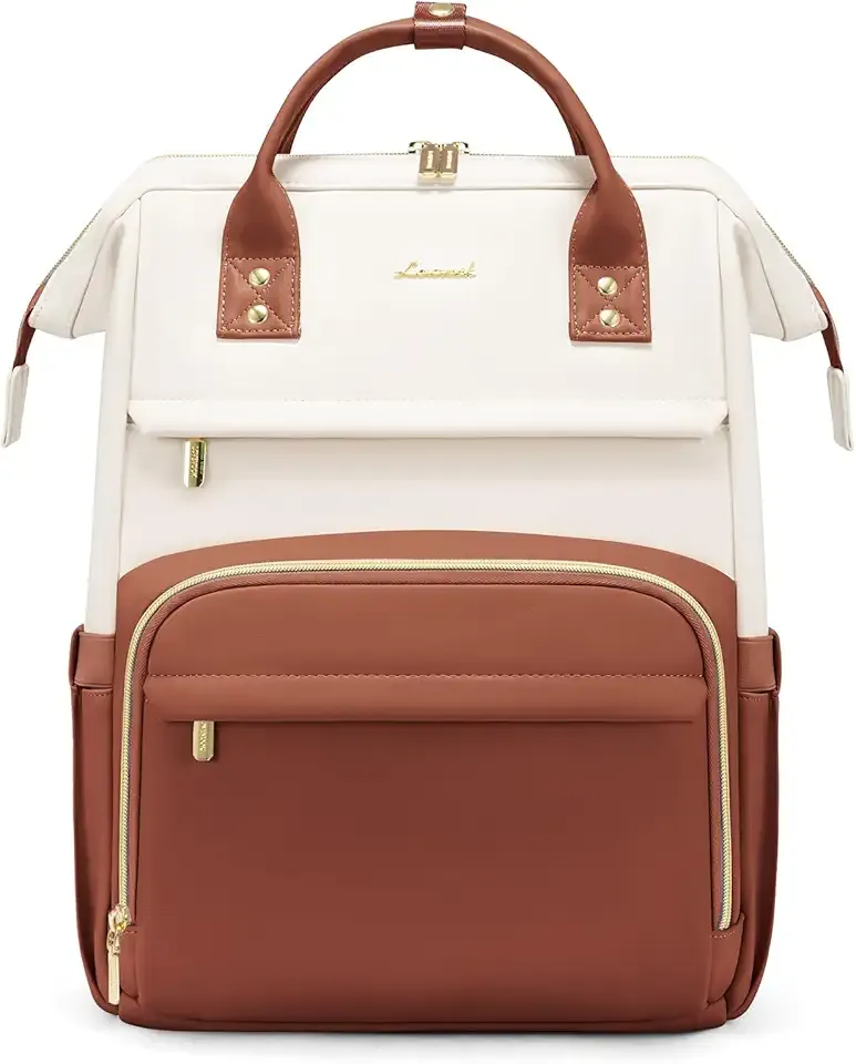 Leather Backpack for Women,17 inch Leather Laptop Backpack Women,Professional Work Backpack Nurse College Teacher Bag,Womens Laptop Tote Bag Computer Travel Backpack Purse,Beige White-Brown