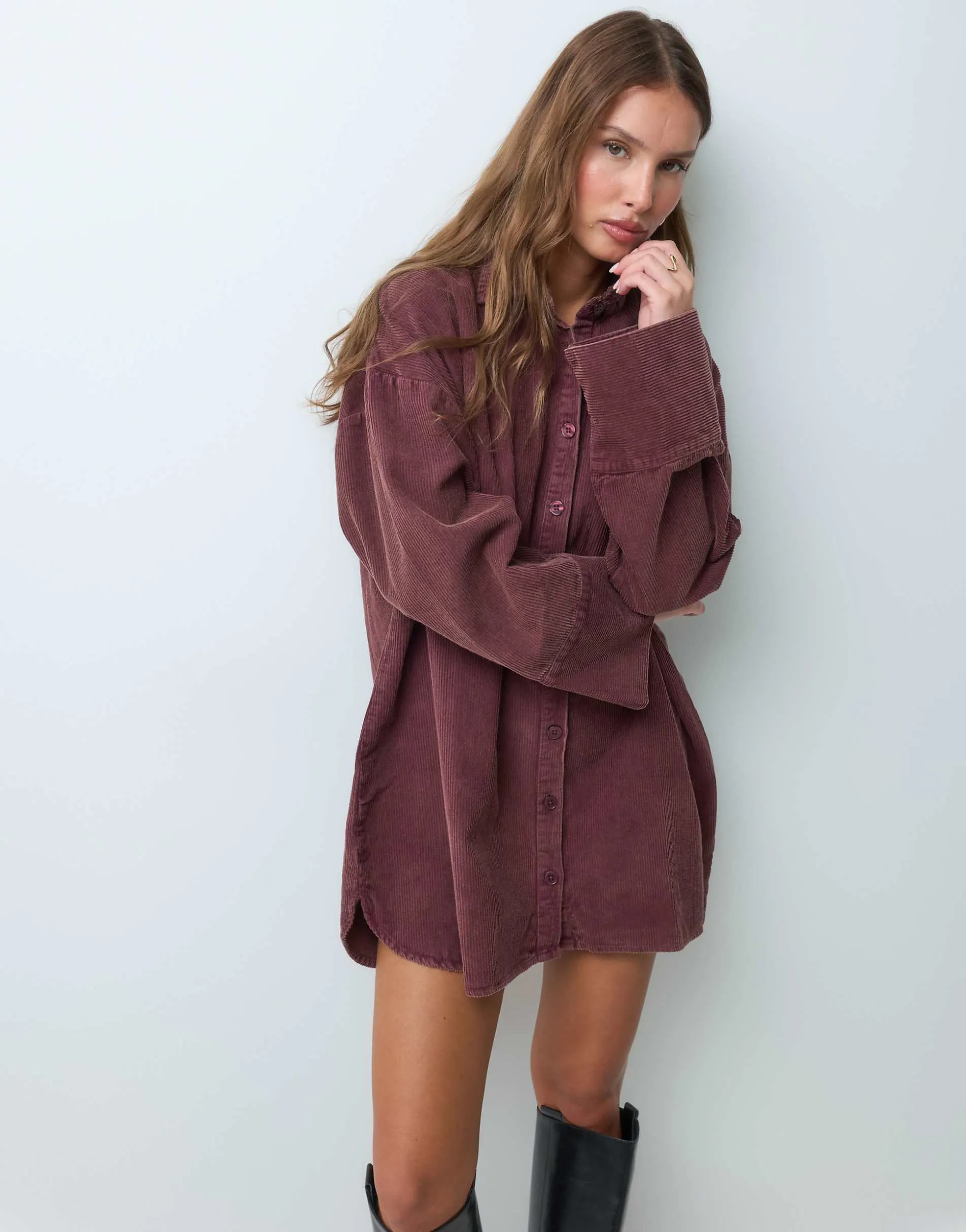 ASOS DESIGN oversized cord shirt mini dress in washed burgundy