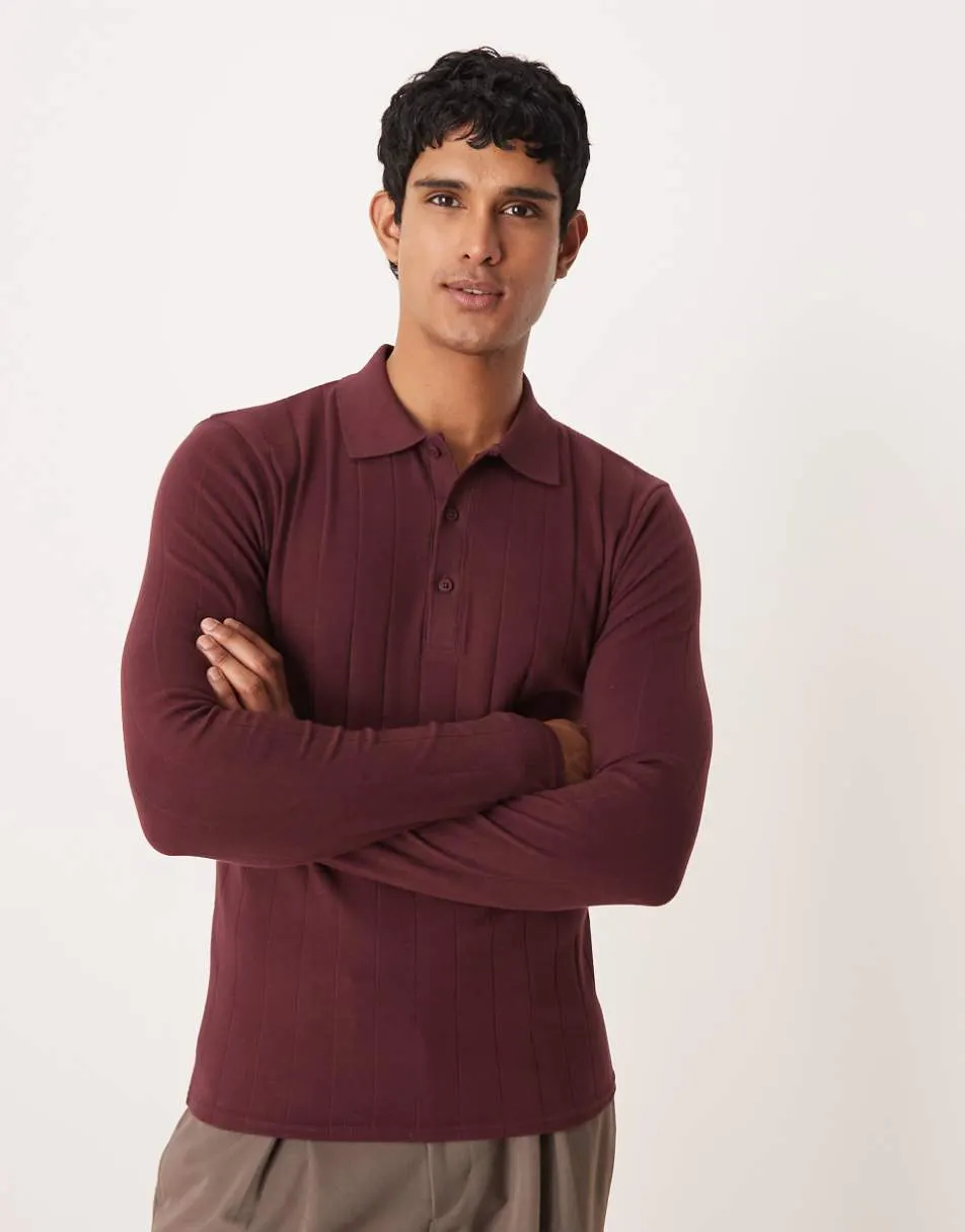 ASOS DESIGN muscle fit long sleeve polo in burgundy rib