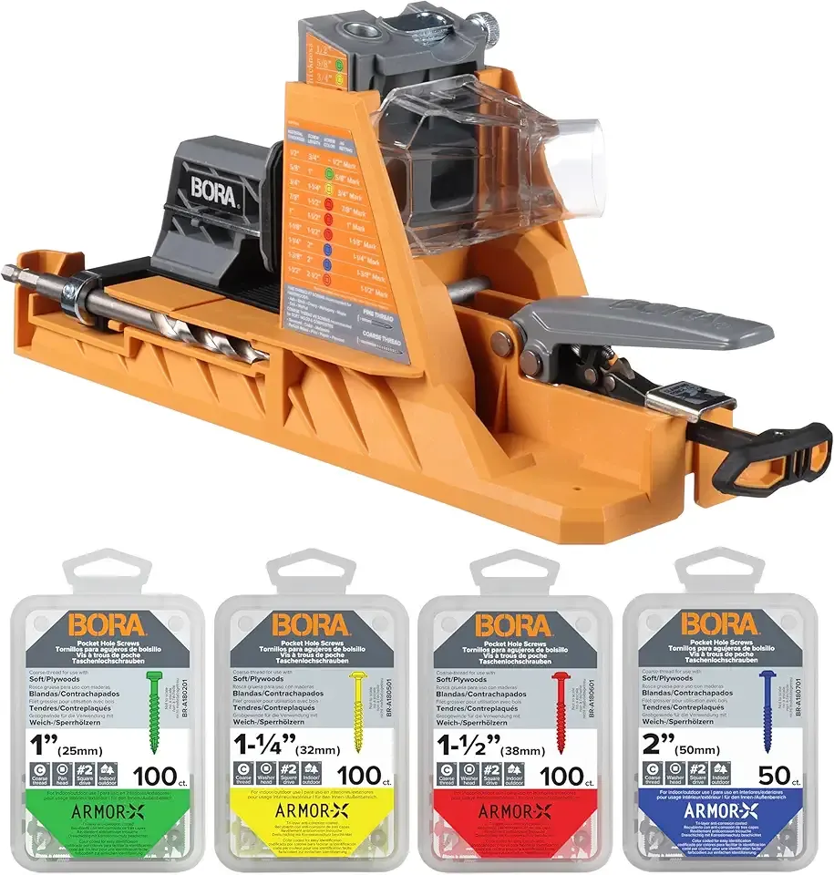 BORA Automatic Pocket Hole Jig with 350 pc Pocket Hole Screw Set, Auto Adjusting Drill Guide, Pocket Hole Jig Kit for Woodworking - For Materials 1/2" to 1-1/2" Thick, Power Tool Accessory Jigs