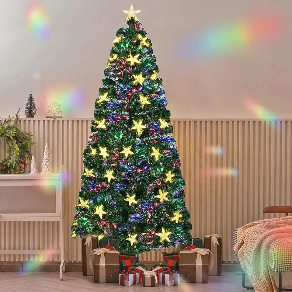 Juegoal 7ft Pre-Lit Artificial Christmas Tree, Lighted Optical Fiber Xmas Trees with Warm White Large Stars & Color Changing Optical Fiber Lights, Party Home Holiday Green Fake Tree with Metal Legs