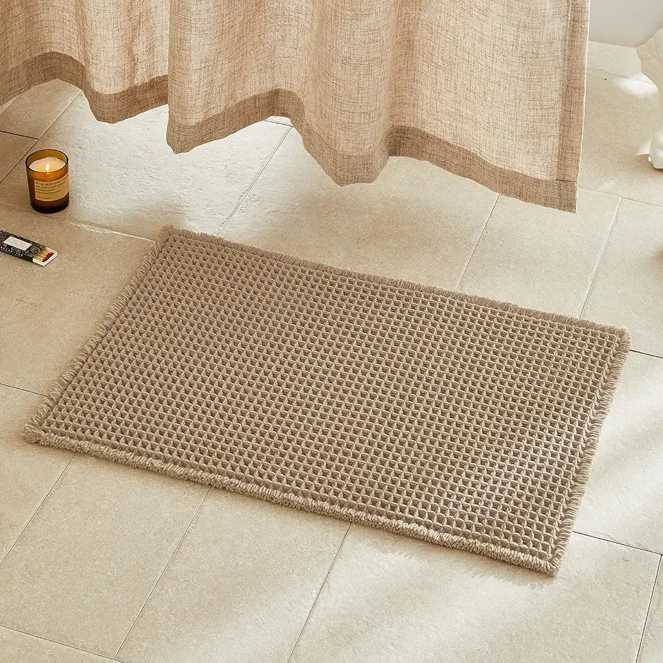 TYUU Waffle Bath Mat, Boho Bathroom Rugs Non Slip Washable Super Absorbent Quick Dry Farmhouse Bathroom Decor, 30"x20" Khaki