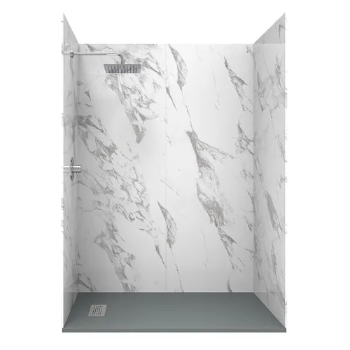60 L x 32 W x 84 H" Solid Composite Stone Shower Kit- Carrara Walls and L/R Graphite Sand Shower Pan