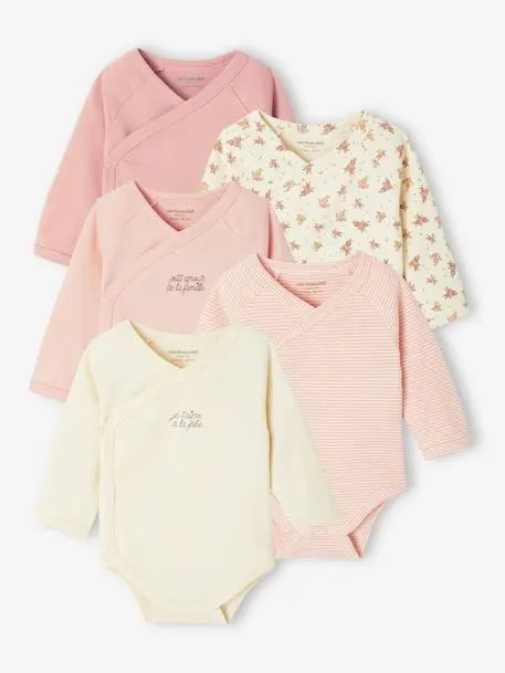 Lot de 5 bodies ouverture naissance - rose pâle