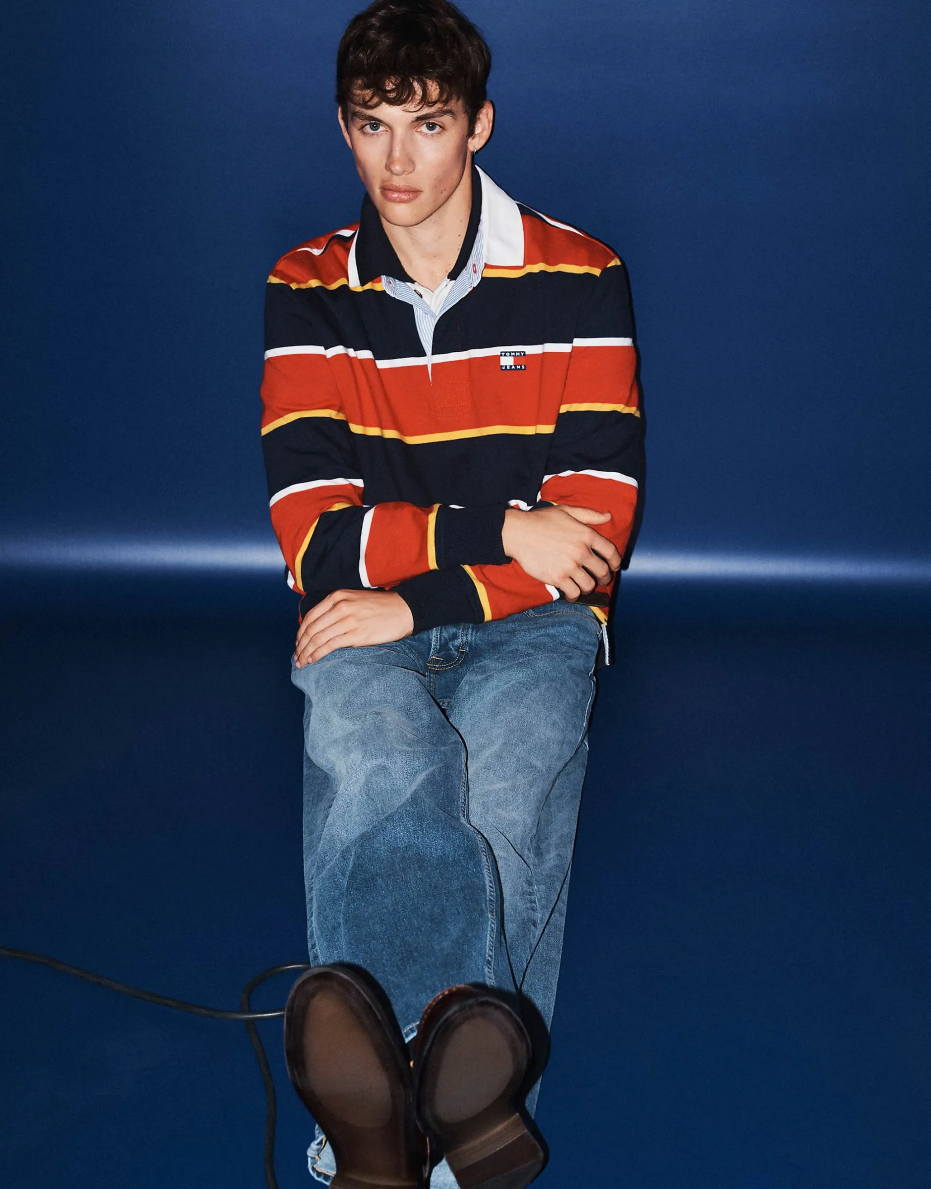 Tommy Jeans badge logo rugby shirt in red/navy stripe