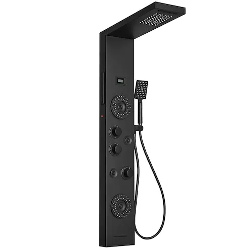 4-Jet Rainfall Shower Panel System with Rainfall Waterfall Shower Head and Shower Wand in Black