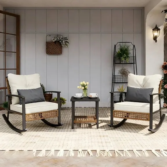 Flash Deal LAZZO 3 Pieces Patio Outdoor Conversation Set with Lumbar Pillows and Coffee Table, PE Wicker Rocking Chairs with Beige Cushions $159.99