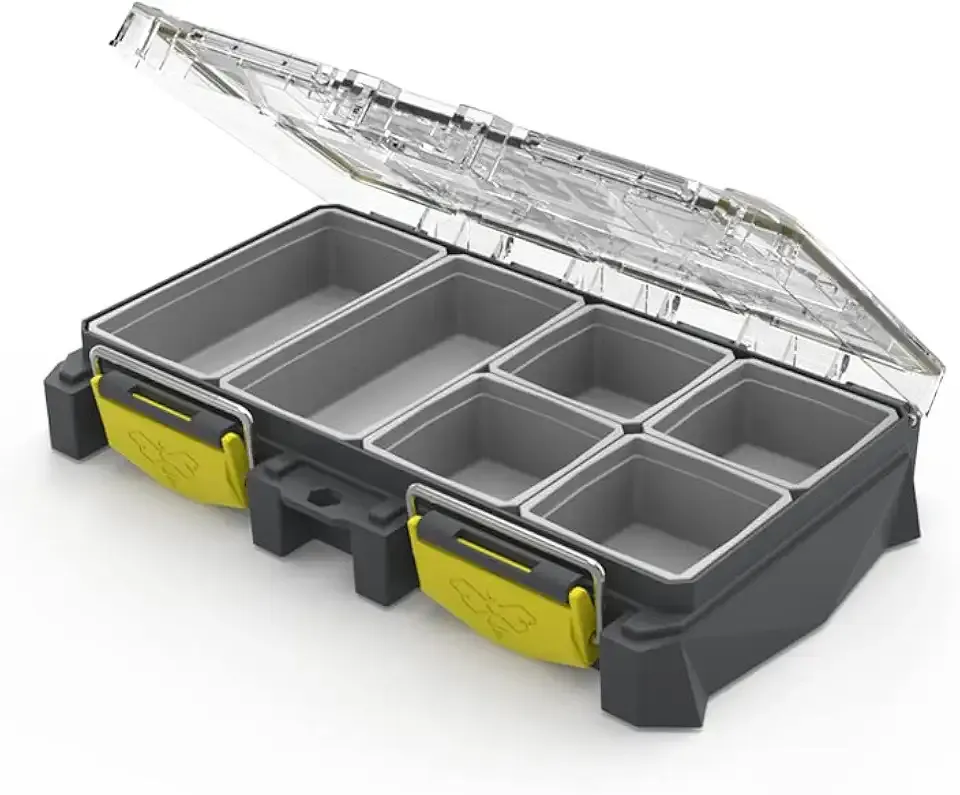 BUZBE Colony 8T (Thin) Modular Tackle Box, Customizable Waterproof Tackle Box, Plastic Organizer Box, Fishing Tackle Storage, Small Parts Box, Terminal Tackle Storage, Grey and Yellow