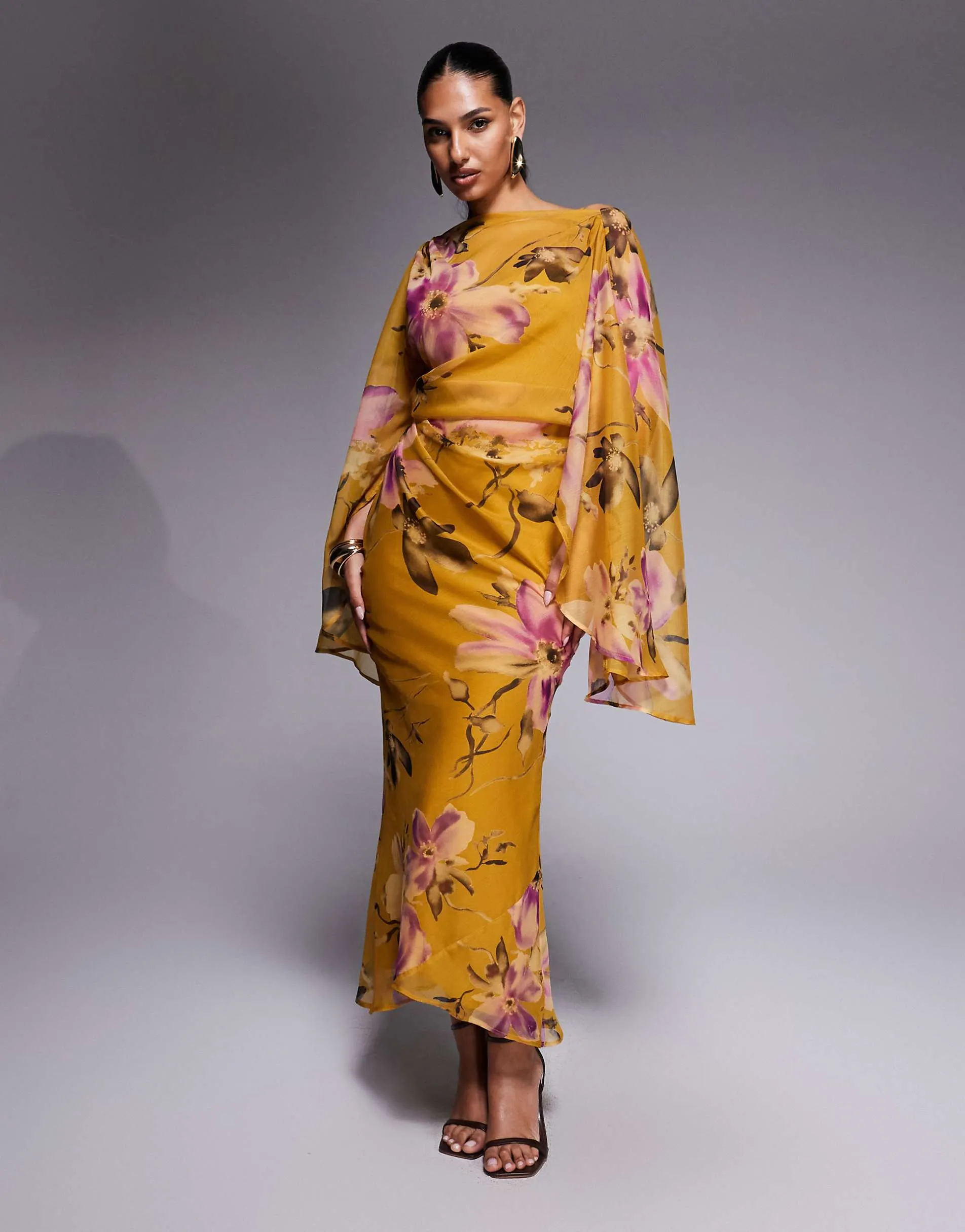ASOS DESIGN kimono sleeve cape detail draped midaxi dress with open back in yellow floral print