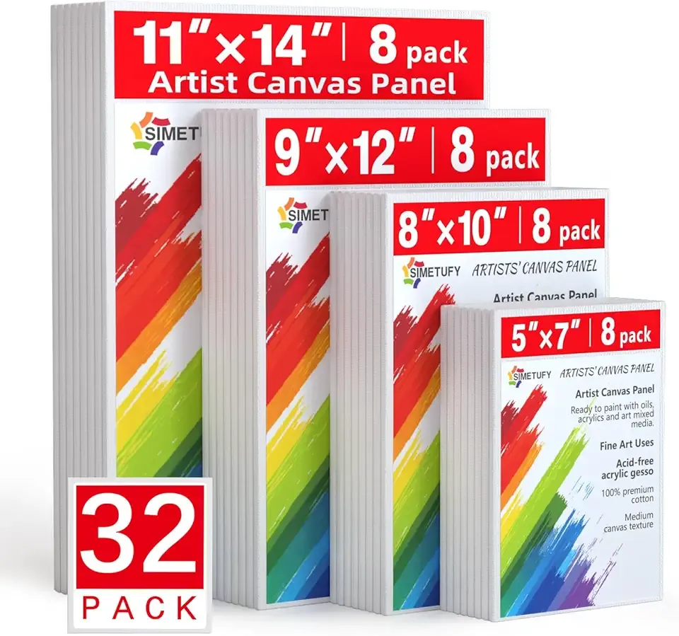 Simetufy Canvas for Painting 32 Pack Paint Canvas Boards for Kids 8pcs of Each 5x7, 8x10, 9x12, 11x14 100% Cotton for Acrylic Watercolor Paint