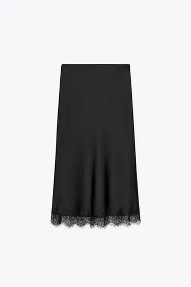 LACE TRIM SATIN MIDI SKIRT