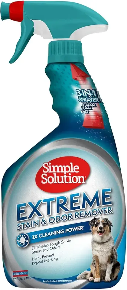 Simple Solution Extreme Pet Stain and Odor Eliminator Spray, Enzymatic Cleaner With 3X Pro-Bacteria Cleaning Power for Dogs & Cats, Strong Urine, Pee and Poop Smell Remover for Carpets & Floors, 32 oz