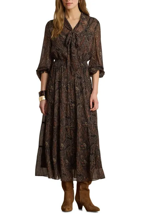 Paisley Long Sleeve Crinkle Georgette Midi Dress