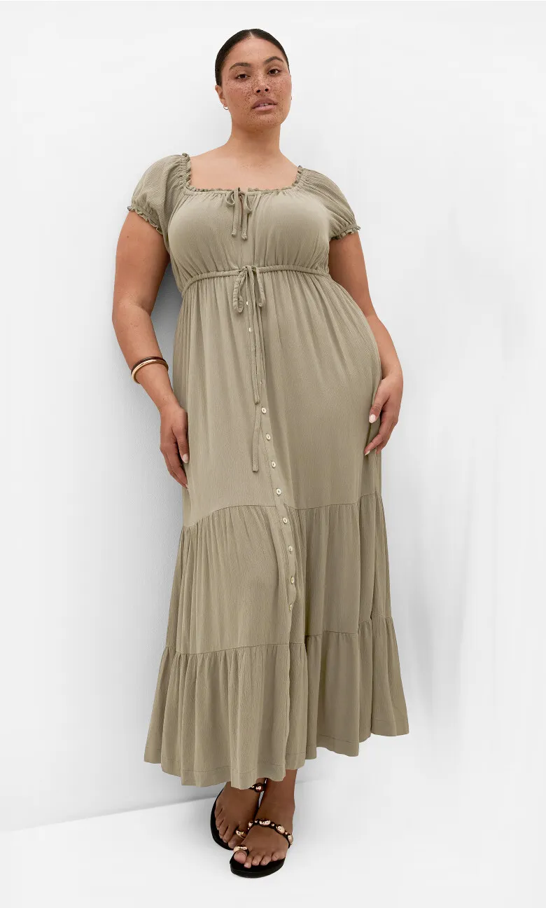 Vintage Dreams Tiered Maxi Dress - khaki