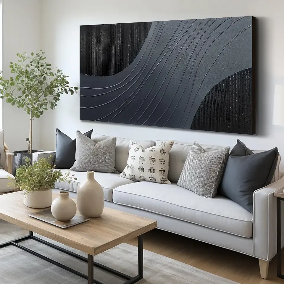Minimalist Hand-Painted Textured Black Canvas Wall Art 47x24 Inches