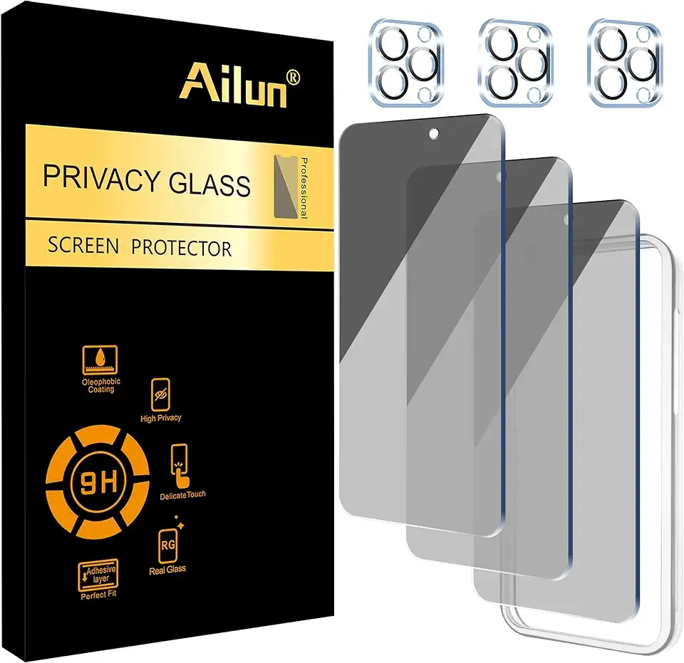 Ailun 3Pack Privacy Screen Protector for iPhone 15 Pro Max [6.7 inch]+3Pack Camera Lens Protector with Installation Frame,Dynamic Island Compatible,Anti Spy Tempered Glass[9H Hardness]-HD
