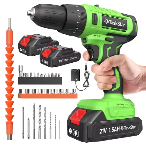 Taskstar D01 Cordless Impact Drill Kit Electric Power Drill Screwdriver Set with 2.0Ah Battery & Charger LED Light
