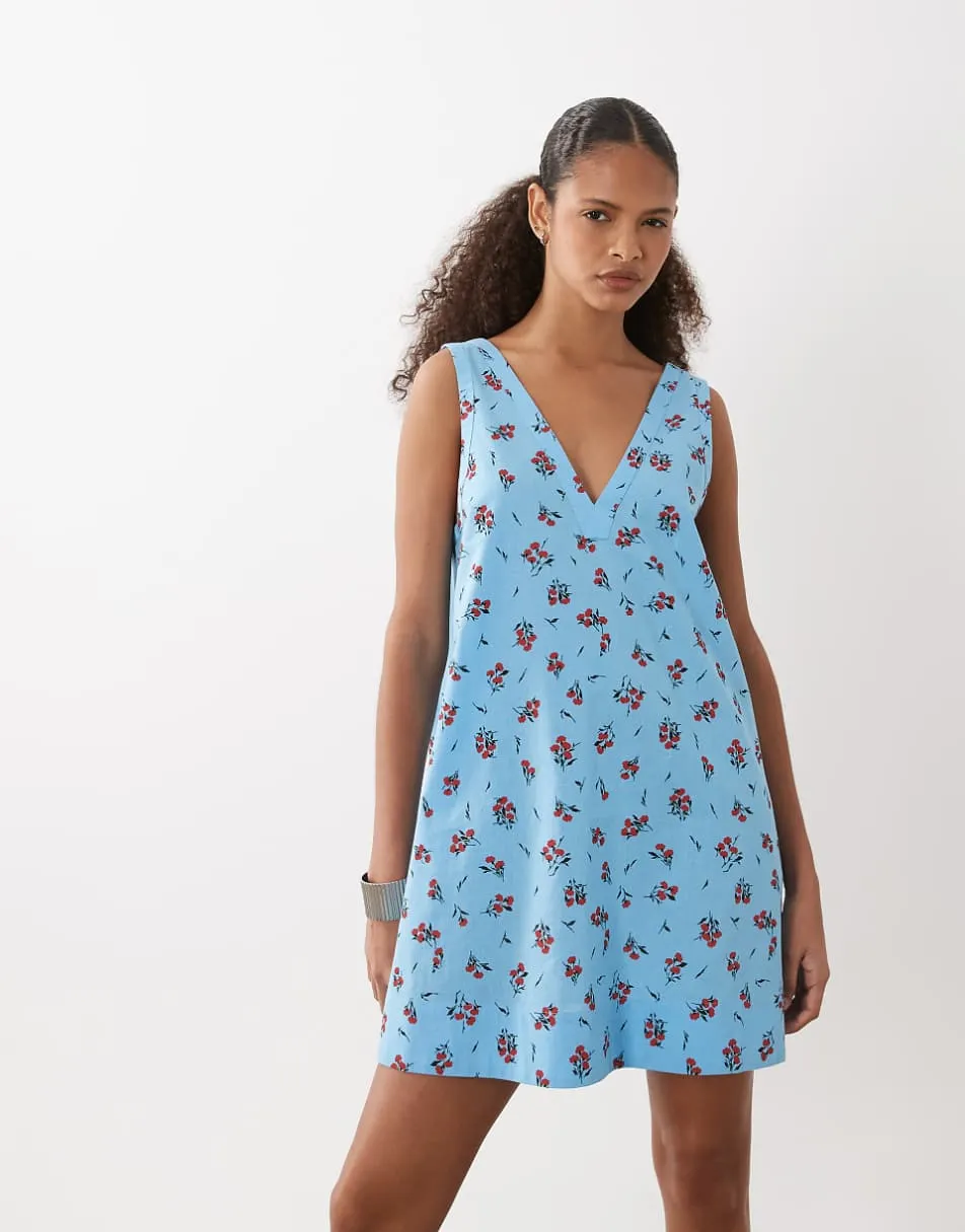 ASOS DESIGN cotton linen v neck smock mini dress in blue floral - MULTI