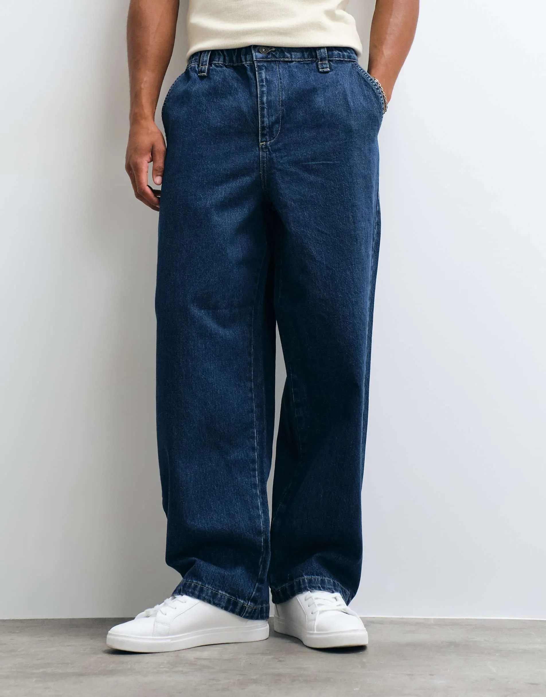 ASOS DESIGN loose jeans in mid wash blue with elasticated waist