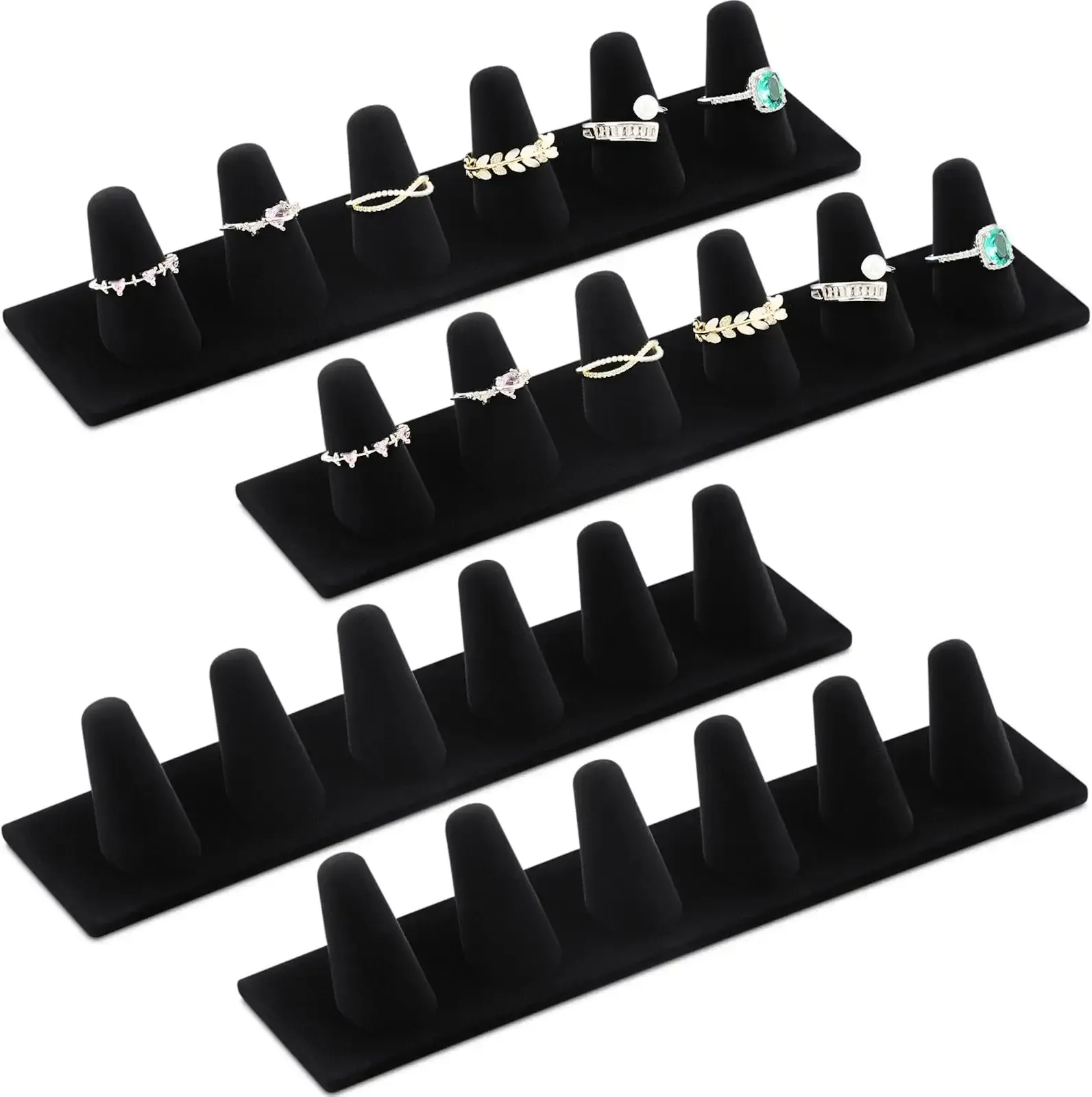 Geelin 4 Pieces Black Velvet Ring Display Holder 6 Finger Ring Display Stand Jewelry Storage Organizer for Selling Retail Stores Home Exhibitions