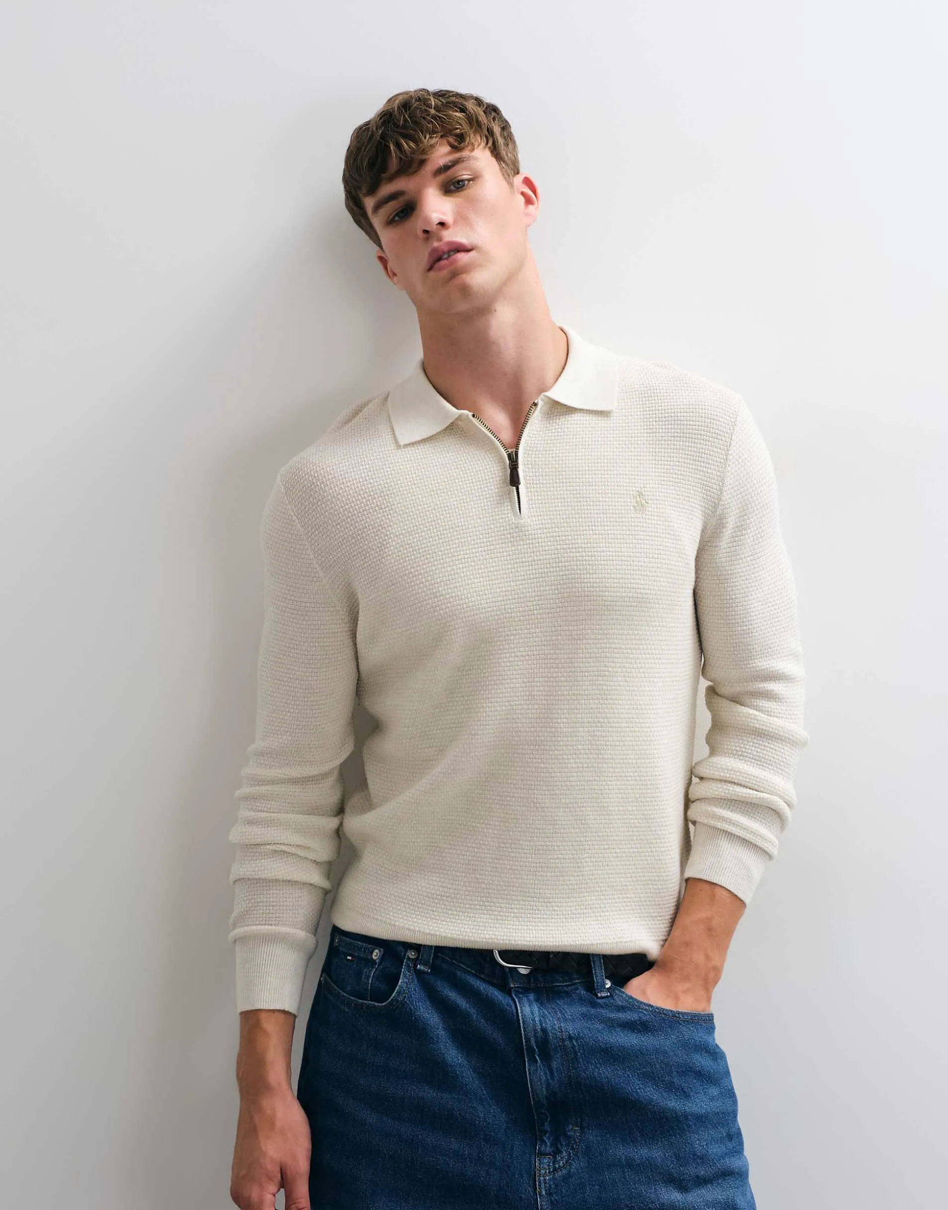 Polo Ralph Lauren icon logo polo merino waffle zip knit jumper in off white