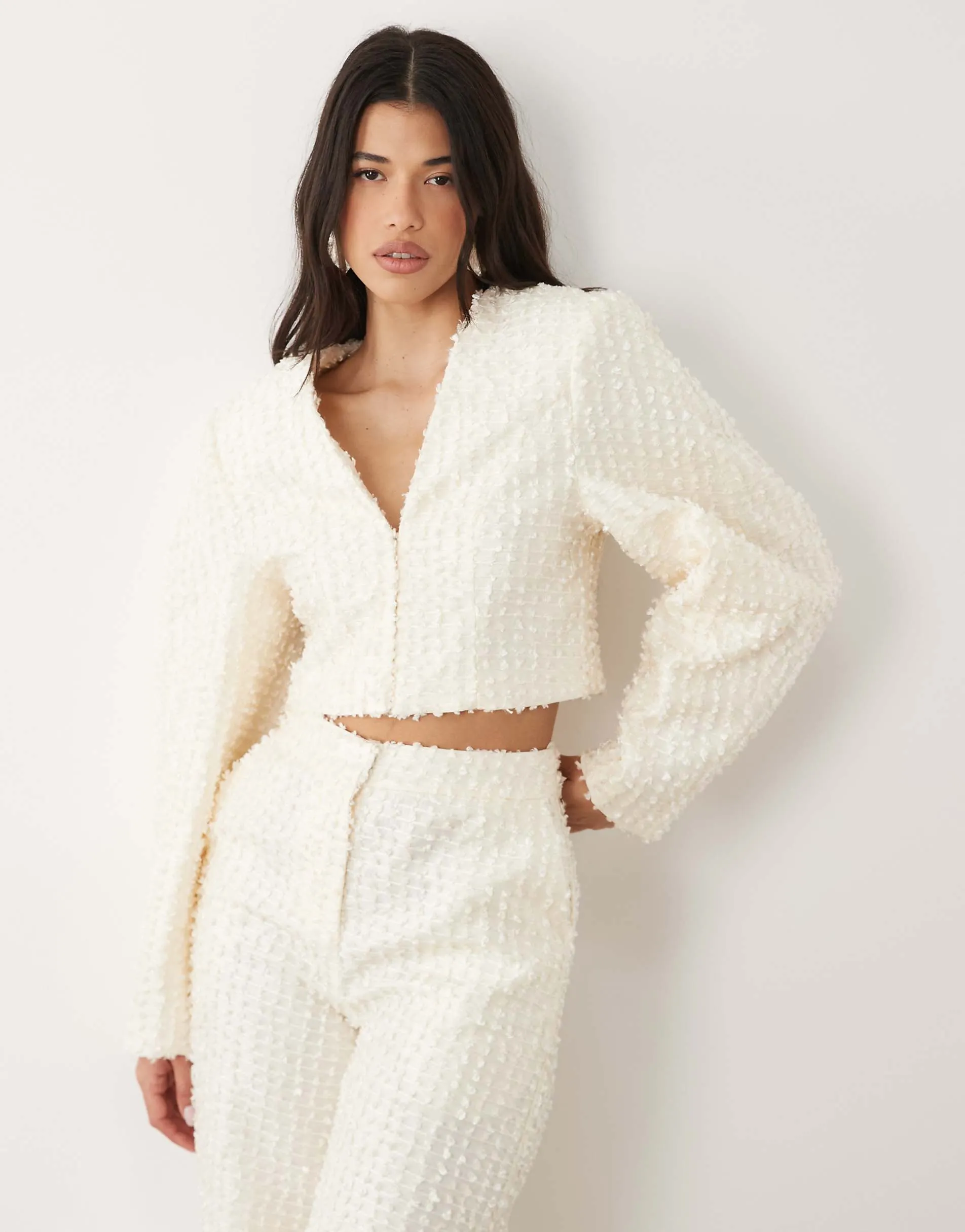 ASOS LUXE boucle cropped ovoid sleeve blazer co-ord in cream
