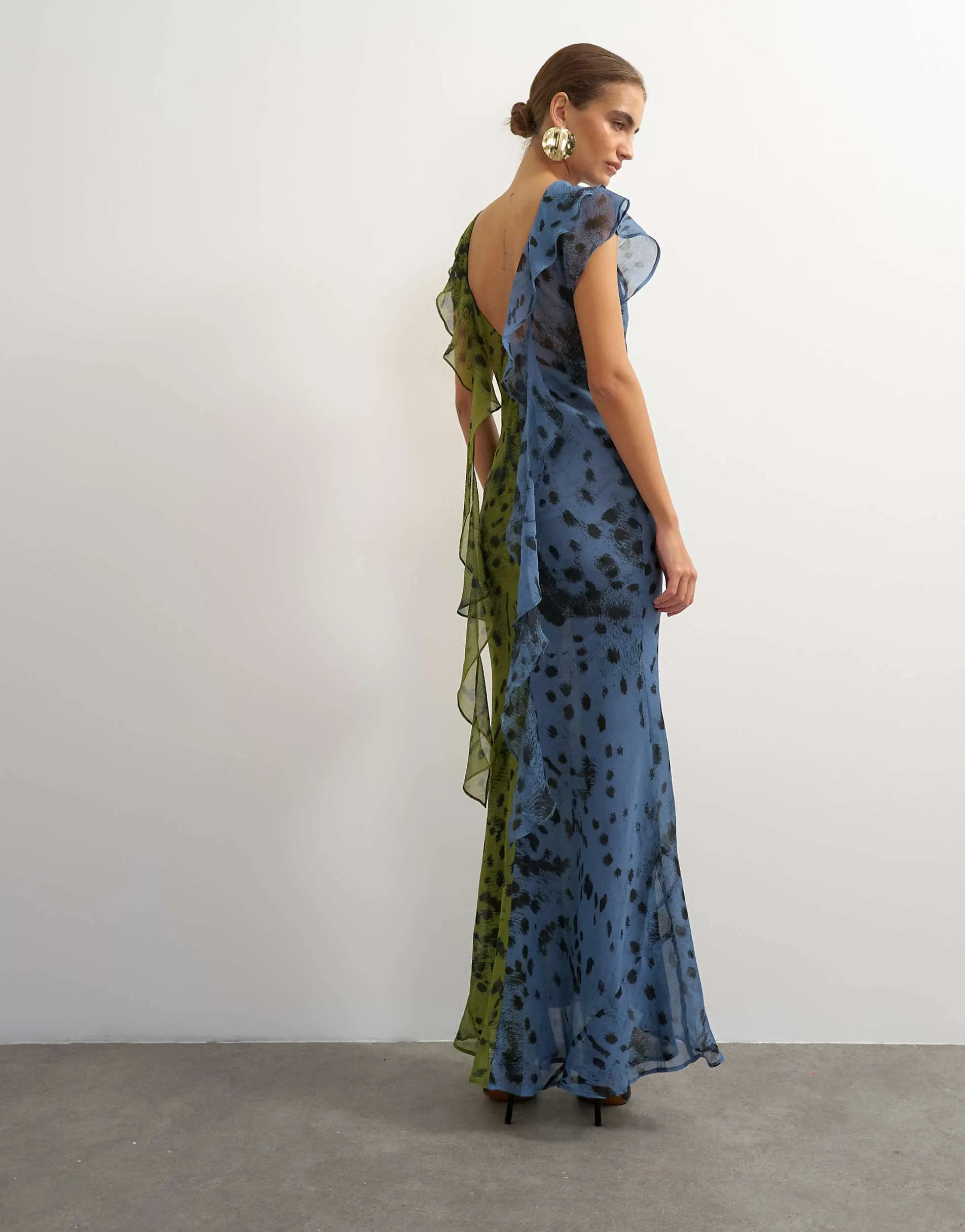 Topshop chiffon scarf detail maxi dress in half and half khaki and blue abstract spot print