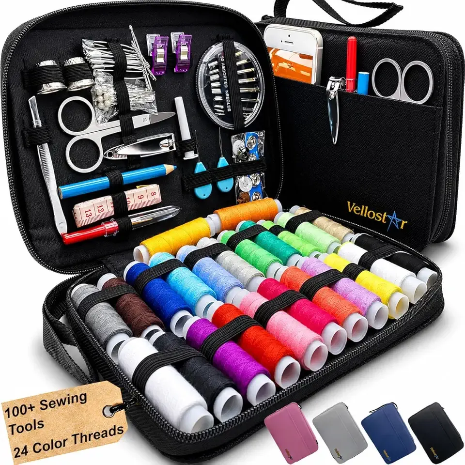 Vellostar Sewing Kit for Adults & Beginners – Portable Needle & Thread Travel Kit w/ 24 Thread Colors, Needles, Scissors & Sewing Supplies for Emergency Clothing Repairs, Buttons, & Home Mending