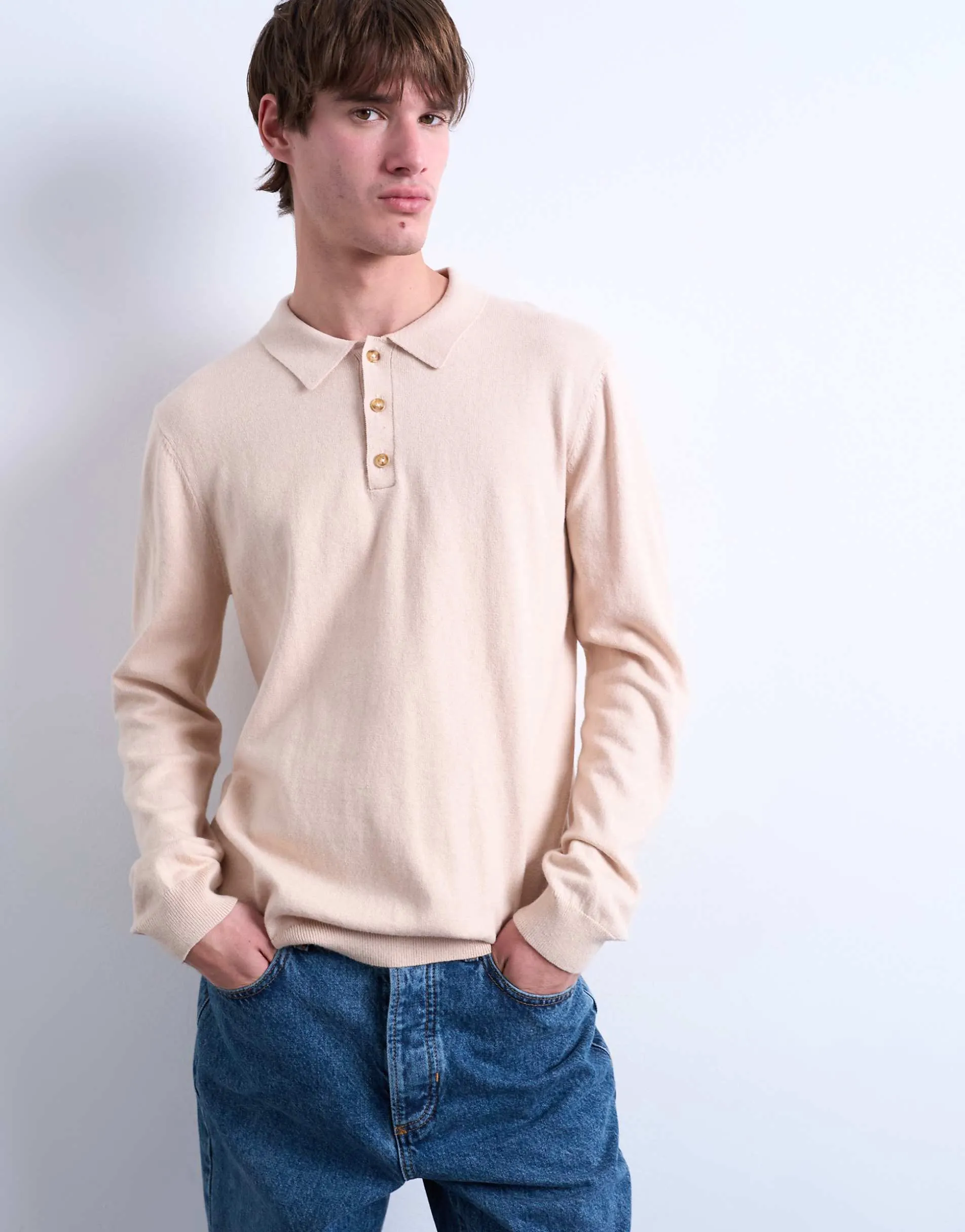 Topman essential knitted button polo in stone