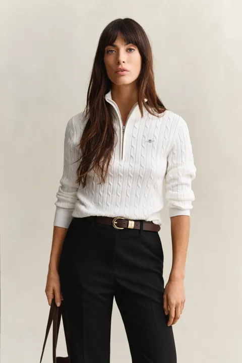 Kabelstrikkgenser i elastisk bomull med halv glidelås