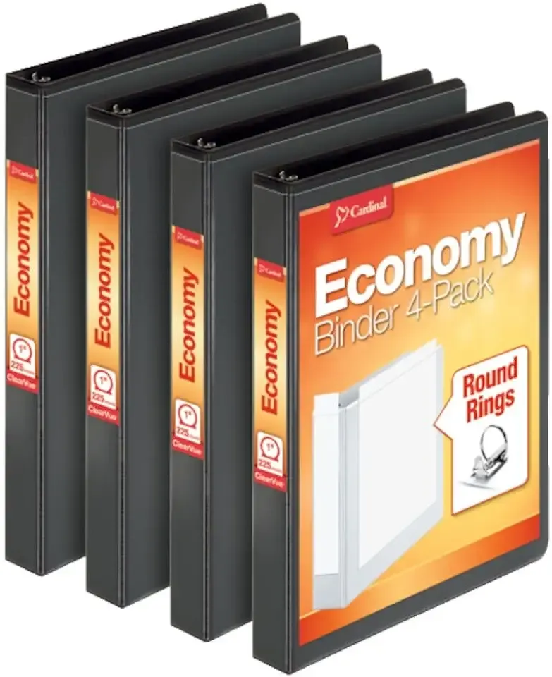 Cardinal Economy 3 Ring Binder, 1 Inch, Presentation View, Black, Holds 225 Sheets, Nonstick, PVC Free, 4 Pack of Binders (79512)