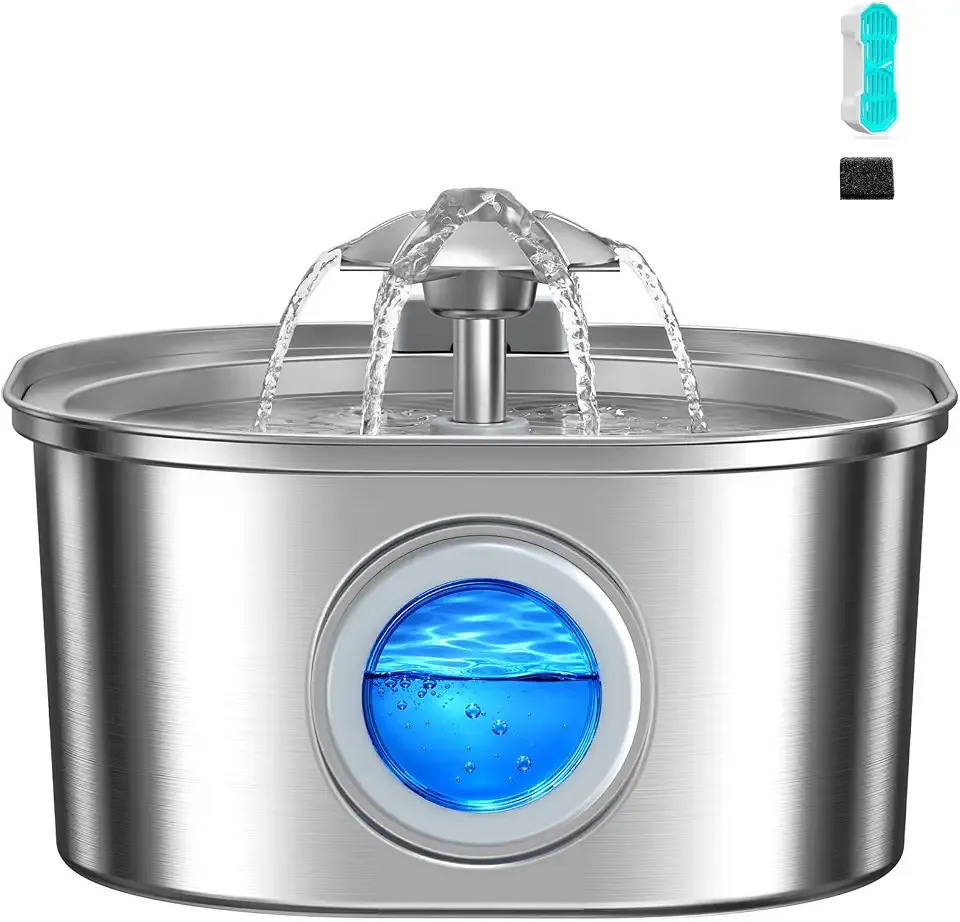 PEKTACO Cat Water Fountain, 3.2L Stainless Steel Pet Fountain, 1 Filter | 108oz capacity, LED water level window, ultra-quiet pump, dishwasher-safe tray, BPA-free, for cats and small dogs