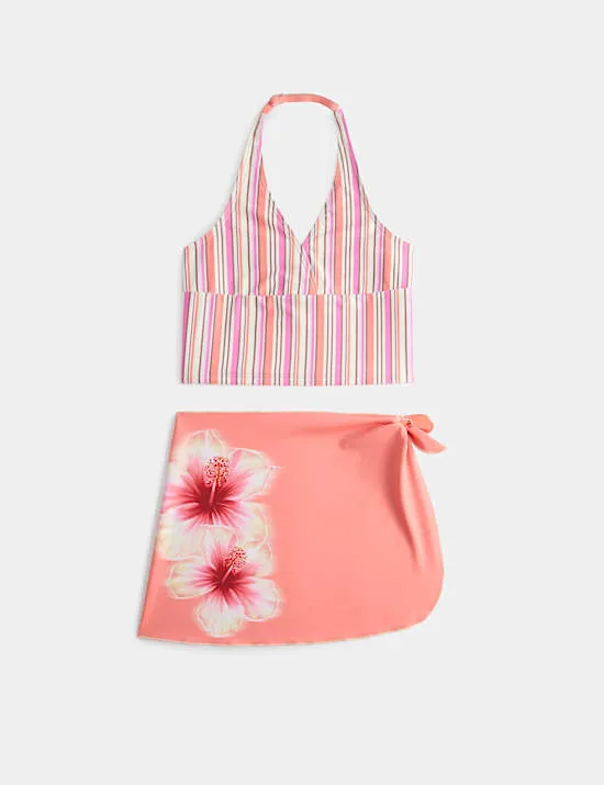 3 Piece Striped Tankini and Floral Sarong (6-16 Yrs)