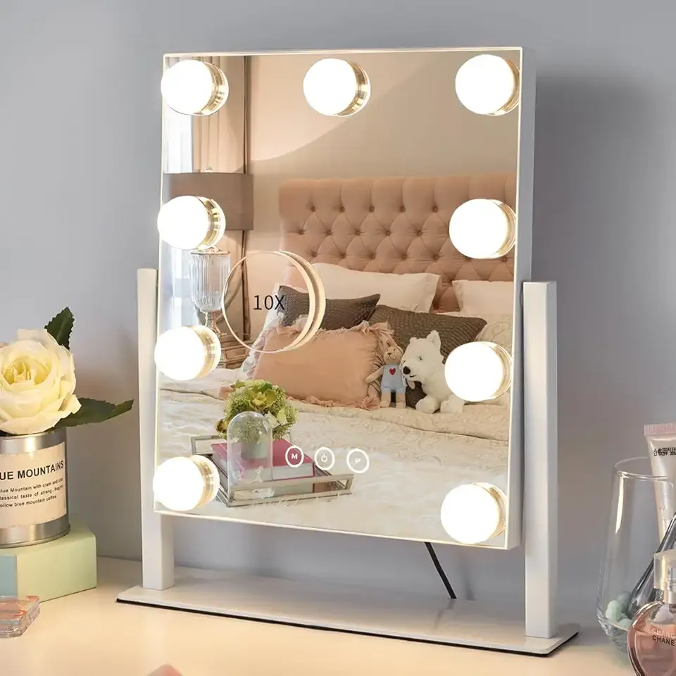 Vanity Mirror with Lights,Lighted Vanity Mirror with 9 Dimmable Bulbs for Dressing Room & Bedroom,3 Color Lighting,Modes Detachable 10x Magnification 360°Ratation(White)