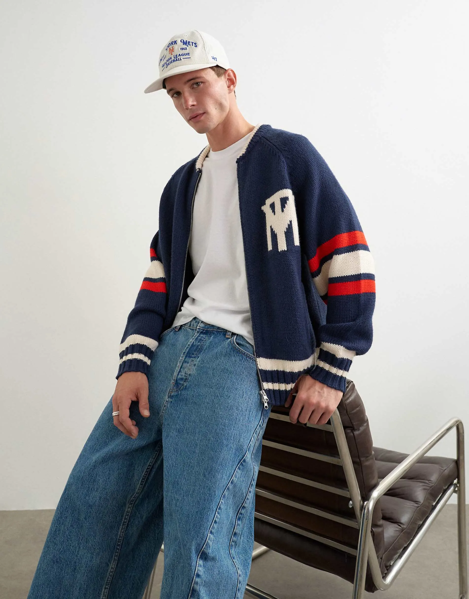 Topman relaxed fit heavyweight knit varsity cardigan in navy
