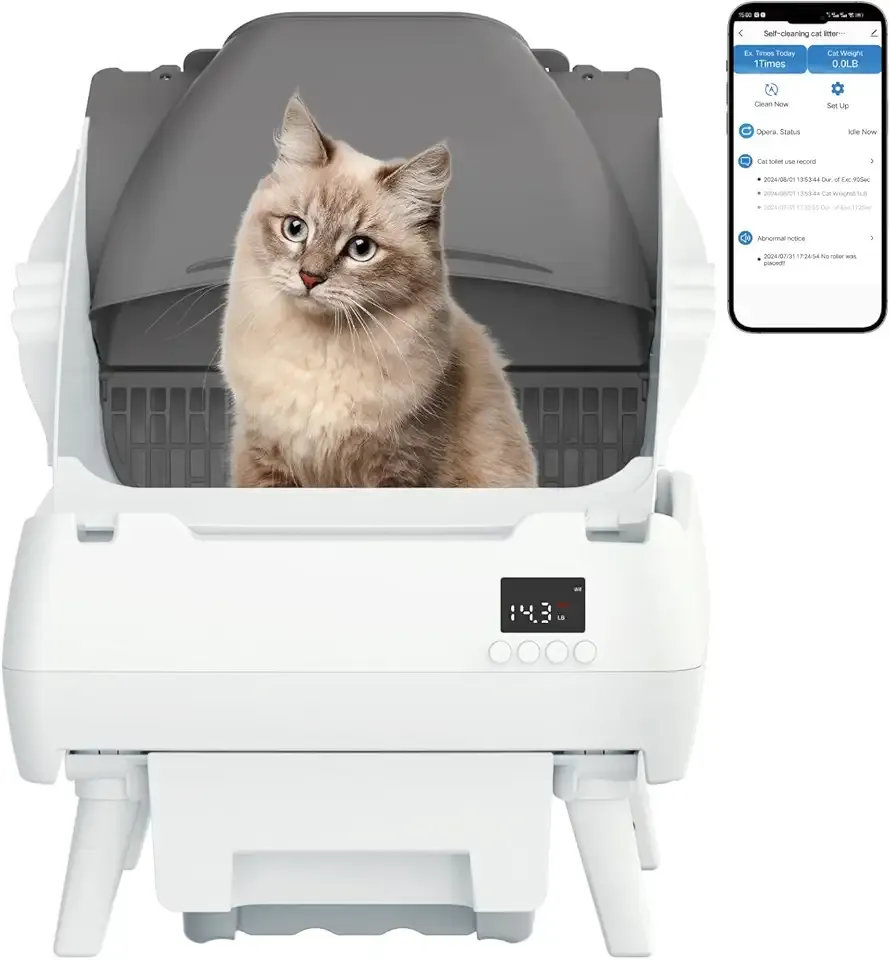 Automatic Cat Litter Box Self Cleaning - App Control, Open-Design, Smart Health Monitor, Suitable for Medium Cats and Kittens, Anti-Pinch Safety, Quiet Operation - White