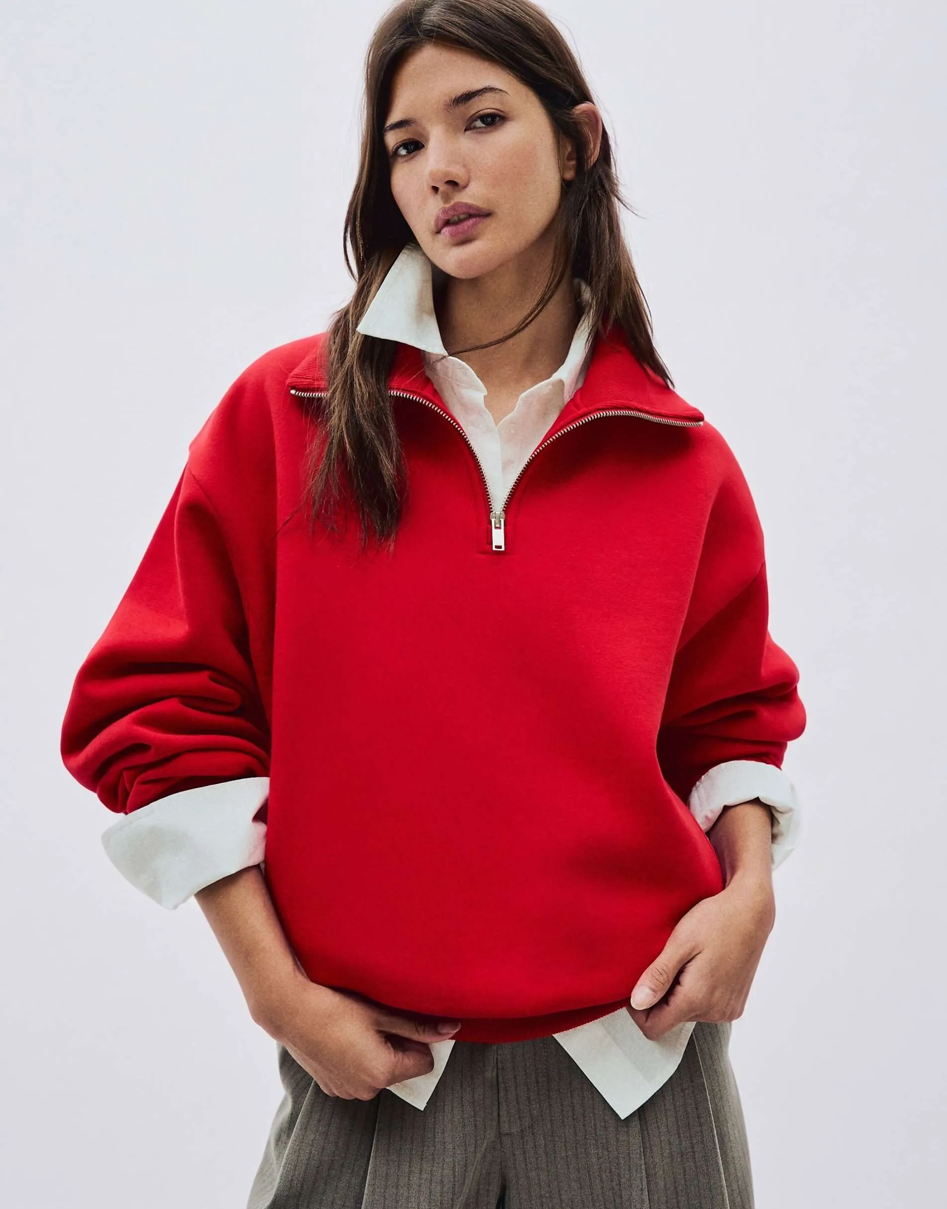 Bershka High neck zip-up sweatshirt in red