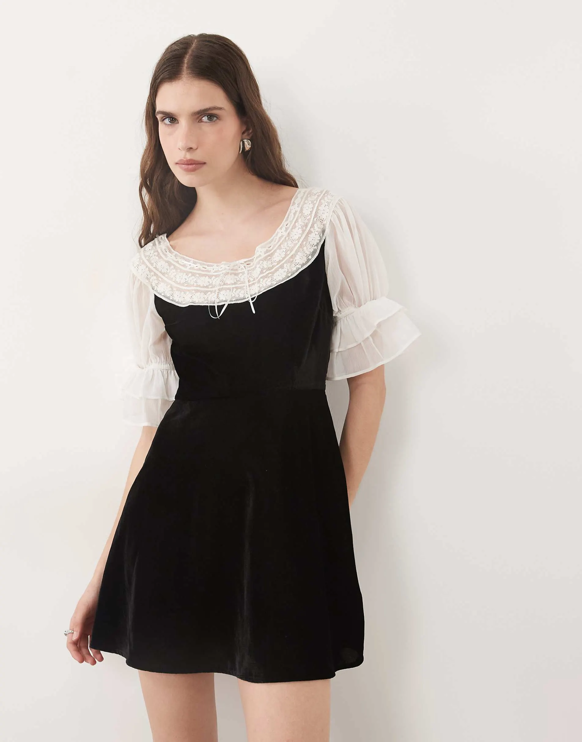 Miss Selfridge velvet and lace mini tea dress in black