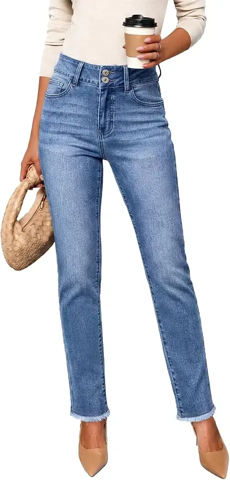 Womens High Waisted Skinny Jeans Double Button Denim Pants
