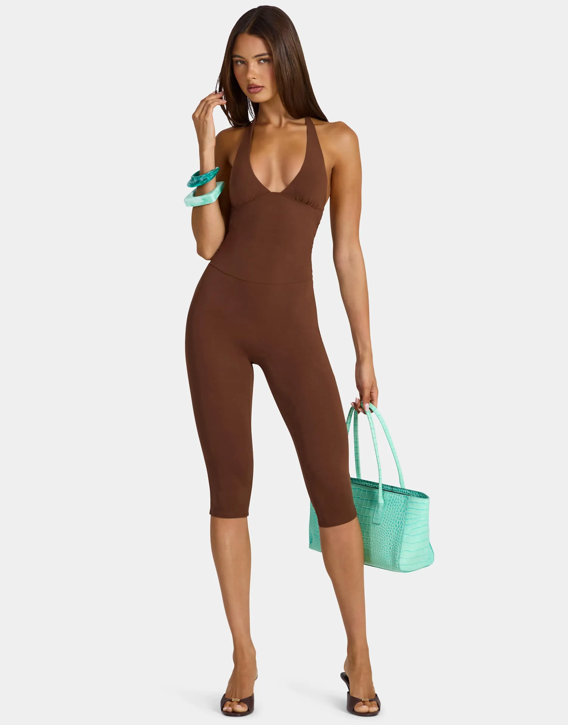 Oh Polly modal halter neck ruched waist capri jumpsuit in chocolate