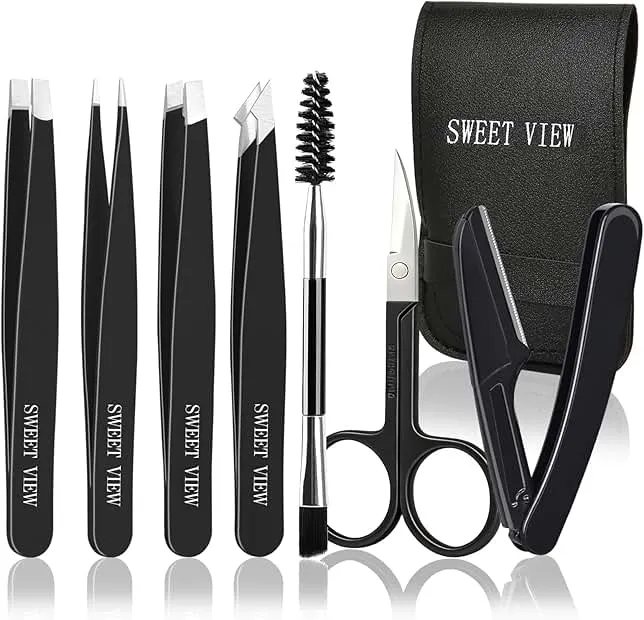 SWEET VIEW 7pcs Eyebrow Tweezers Kit for Women Precision Plucker with Brow Scissors & Razor & Spoolie for Facial, Chin, Brow, Splinter and Ingrown Hair