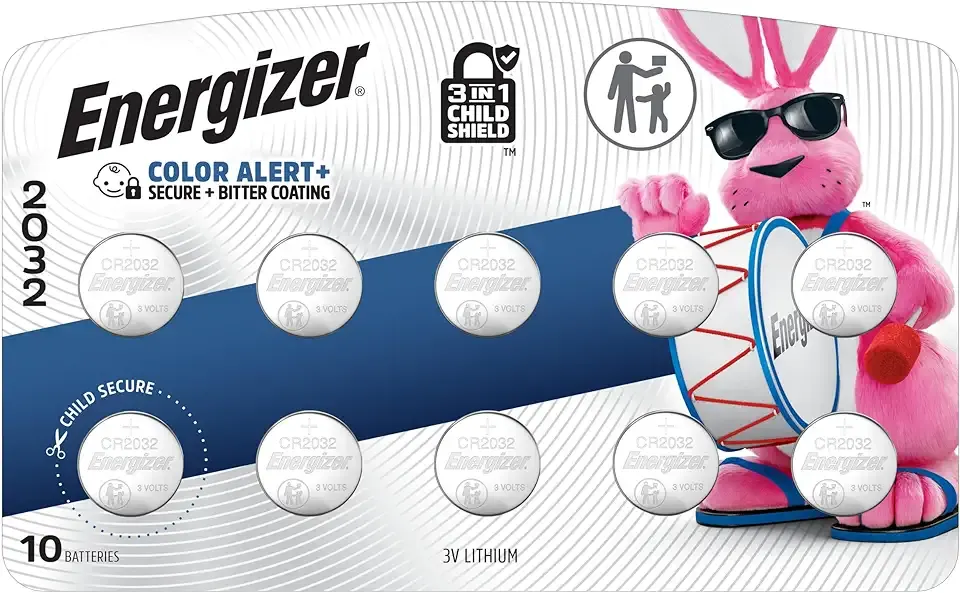 Energizer 2032 Batteries (10 Pack), 3V Lithium Coin Batteries with 3-in-1 Child Shield