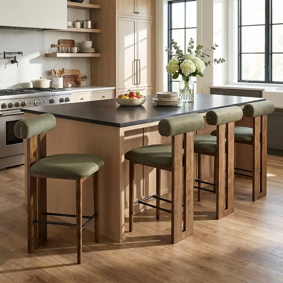 Christopher Knight Home Renee Counter Height Bar Stools Set of 4, Velvet Upholstered Barstool for Kitchen Island, Rubberwood Counter Stool with Footrest, Dark Walnut+Olive Green