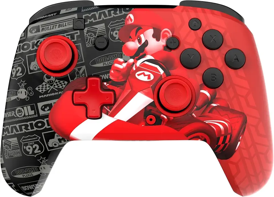 PDP Gaming REMATCH GLOW Wireless Nintendo Switch Pro Controller, Licensed, Nintendo Switch 2|Lite|OLED, Motion Controls, Rechargeable Battery Power, Glow in the Dark: Grand Prix Mario (Red and Black)