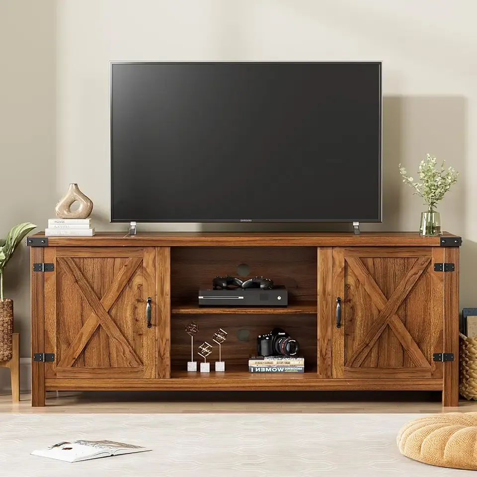 Modern Farmhouse TV Stand with Two Barn Doors and Storage Cabinets for Televisions up to 65+ Inch,Entertainment Center Console Table,Media Furniture for Living Room,58 Inch, Walnut,YH-TS103DWA