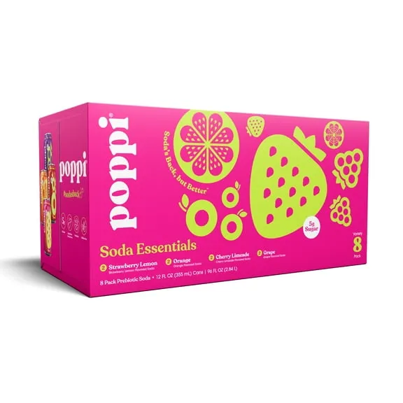 poppi Soda Essentials Prebiotic Soda Variety Pack, 12 fl oz, 8 Pack Cans